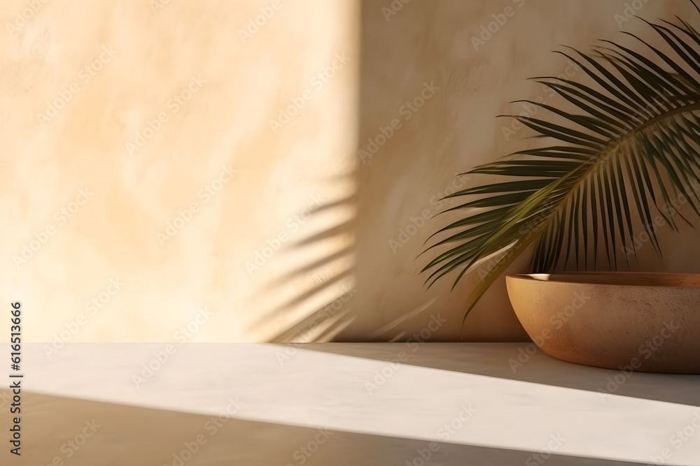 Modern empty pastel brown concrete counter table top in sunlight, palm leaf shadow on stucco texture wall. 3d rendering. Generative AI Modern empty pastel brown concrete counter table top in sunlight, palm leaf shadow on stucco texture wall. 3d rendering. Generative AI