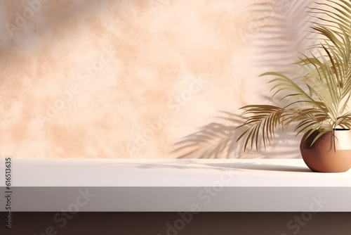 Modern empty pastel brown concrete counter table top in sunlight, palm leaf shadow on stucco texture wall. 3d rendering. Generative AI © Mihai Zaharia