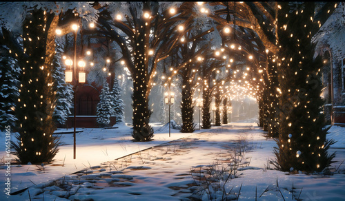 christmas lights are hanging near trees under snow © Nilima