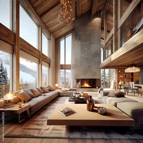 Luxury wooden chalet with fireplace. Interior design of modern living room with mountain view. Created with generative AI