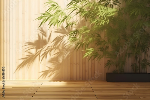 Soft and beautiful foliage dappled sunlight of tropical bamboo tree leaf shadow on brown wooden panel wall  clean mockup template. 3d rendering. Generative AI