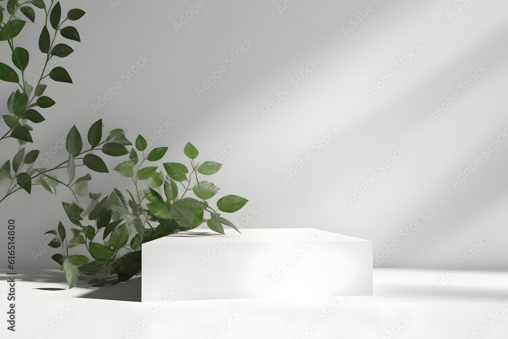 White podium backdrop mockup template, with natural green leaves plant twig, sunlight and foliages leaves shadow. 3d rendering. Generative AI White podium backdrop mockup template, with natural green leaves plant twig, sunlight and foliages leaves shadow. 3d rendering. Generative AI
