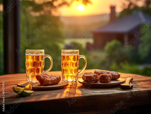 Two pints of beer and grilled meat. Generative AI