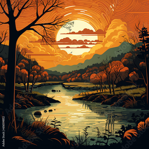 forest landscape illustration with river retro style