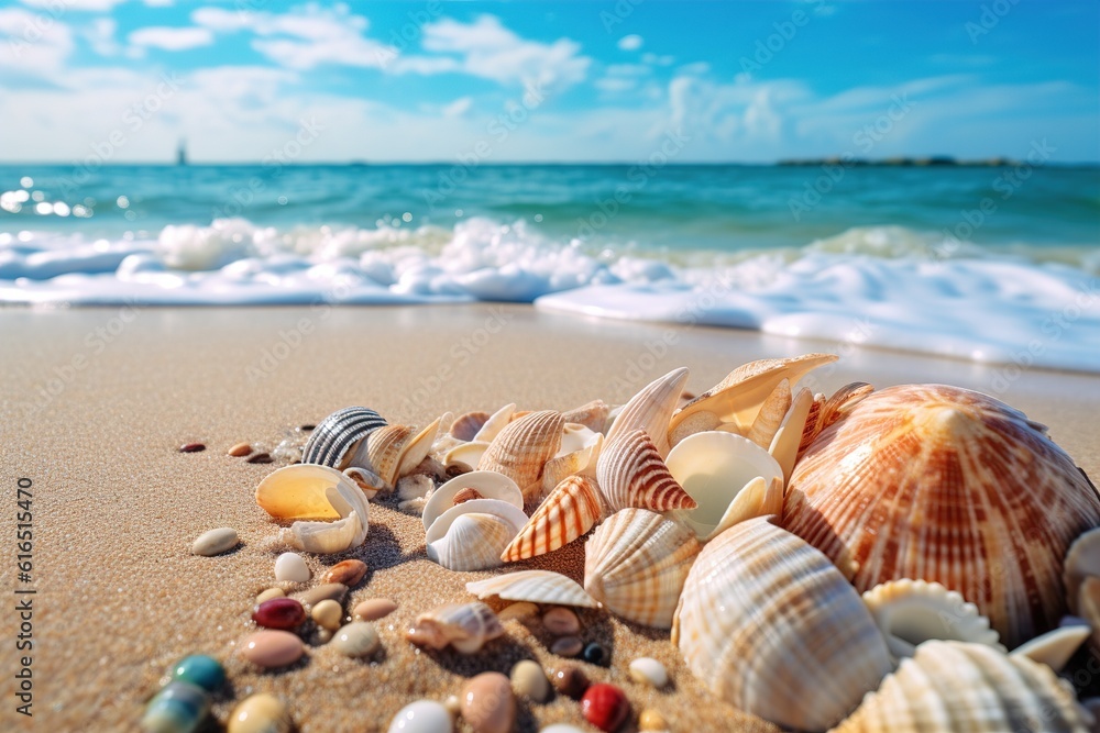 Landscape with shells on tropical beach. Generative AI Landscape with shells on tropical beach. Generative AI