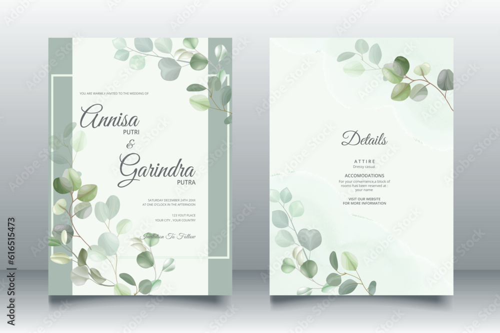 Beautiful eucalyptus leaves wedding invitation card template Premium Vector