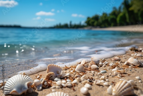 Landscape with shells on tropical beach. Generative AI