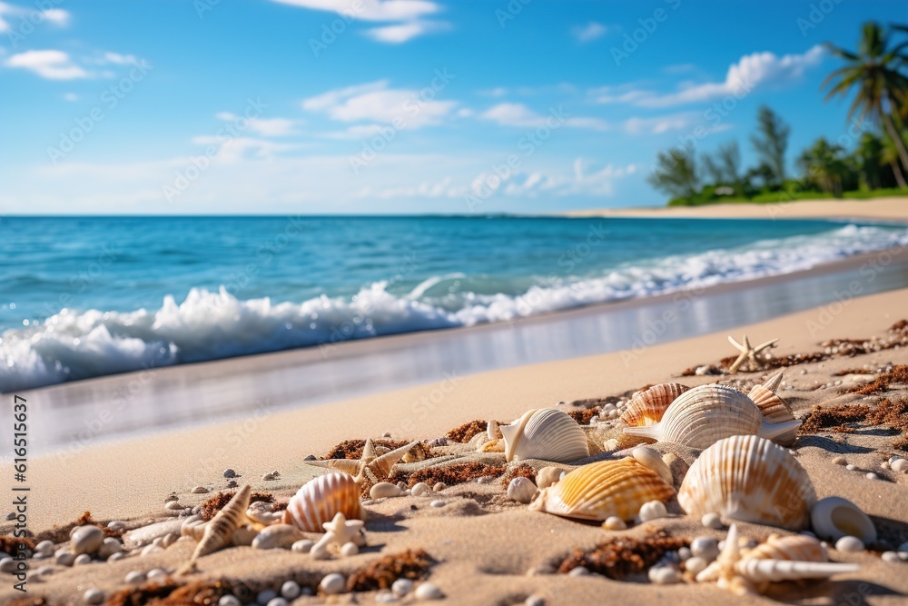 Landscape with shells on tropical beach. Generative AI Landscape with shells on tropical beach. Generative AI