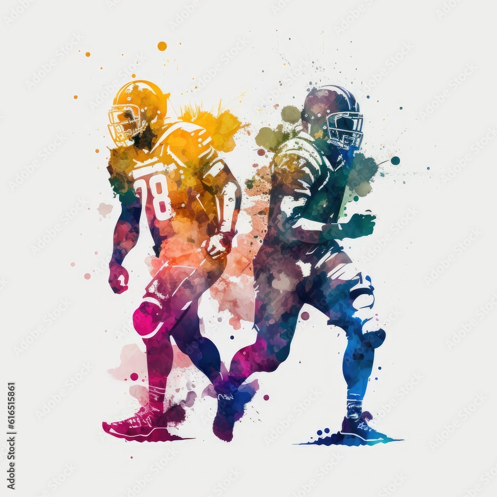 full body shot, flat colour background, abstract 2 american football players, watercolor, vibrant colour, high details, centered, splashes, no background. generative AI.