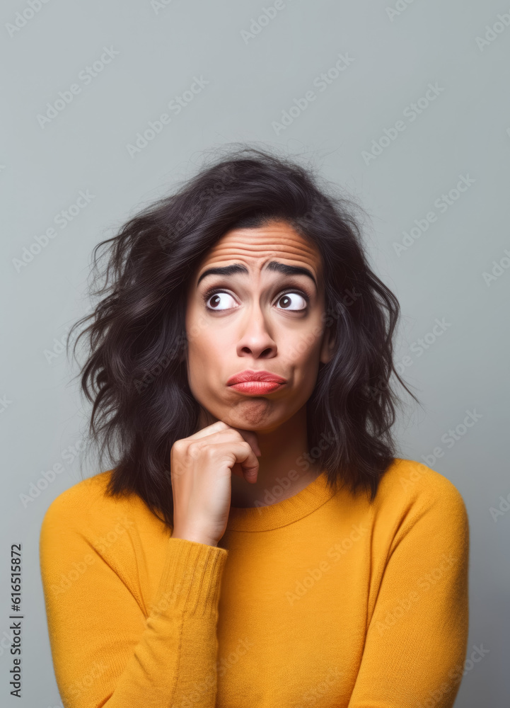 Young woman with uncertain, thinking - I don't know - funny expression, thinking, large open eyes. Generative AI Young woman with uncertain, thinking - I don't know - funny expression, thinking, large open eyes. Generative AI