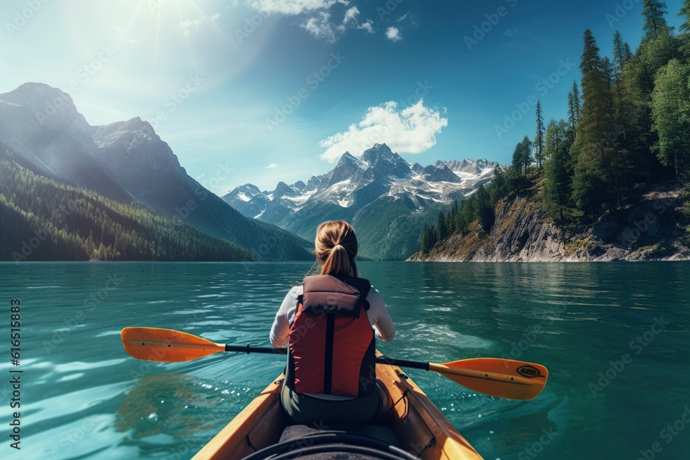 Back view of woman kayaking in crystal lake near alps mountains, Generative ai