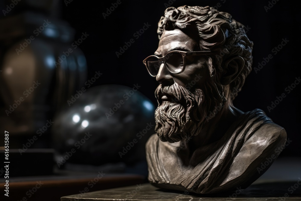 Greek head of a man with a beard and dark glasses, statue, sculpture, realism. generative AI. Greek head of a man with a beard and dark glasses, statue, sculpture, realism. generative AI.