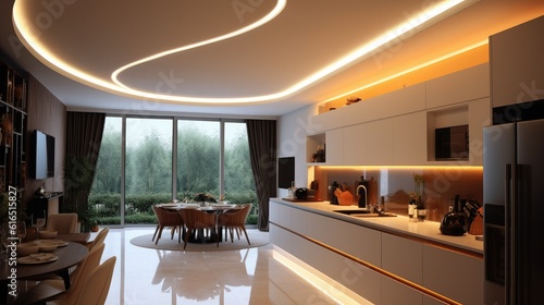 Modern minimalist kitchen , close up shot, beige cabinets floor to ceiling, combined with walnut wood open cabinets with led lights, floating ceiling. Natural light. generative AI.