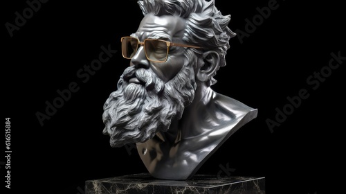 Greek head of a man with a beard and dark glasses  statue  sculpture  realism. generative AI.