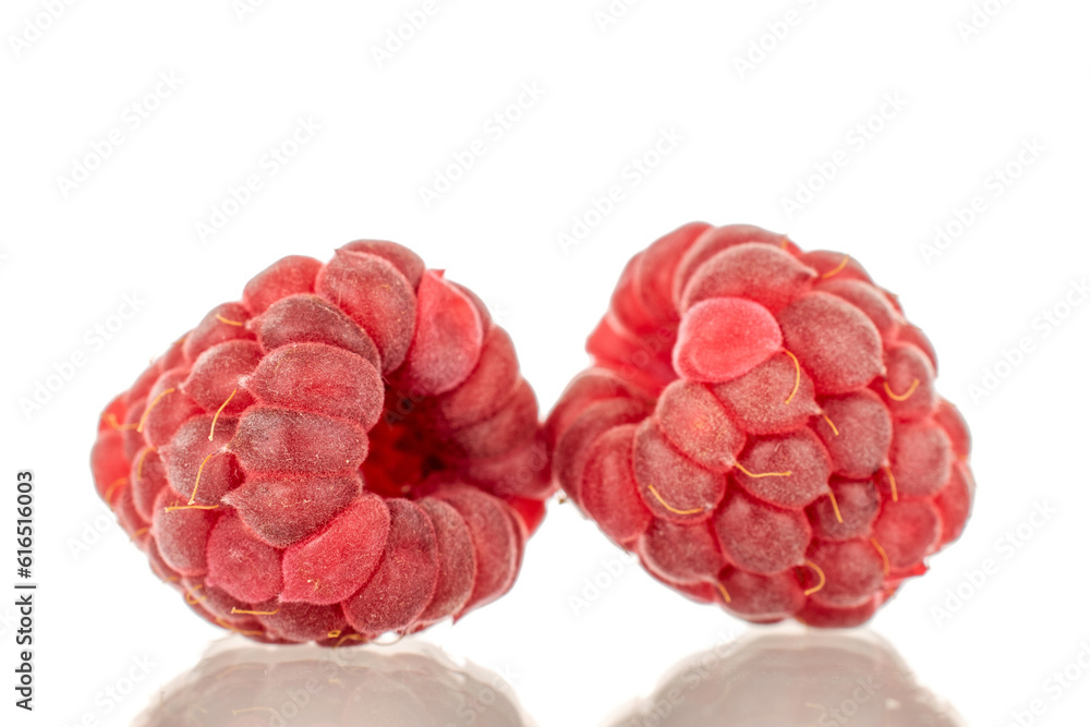 Two sweet raspberry berries, macro, isolated on white background. Two sweet raspberry berries, macro, isolated on white background.
