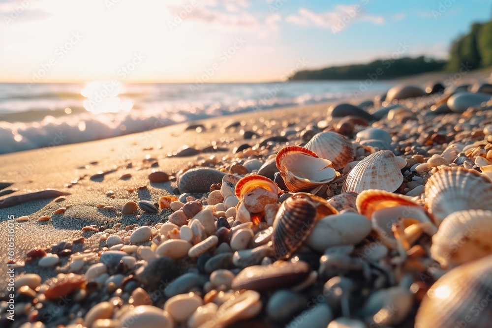 Landscape with shells on tropical beach. Generative AI Landscape with shells on tropical beach. Generative AI