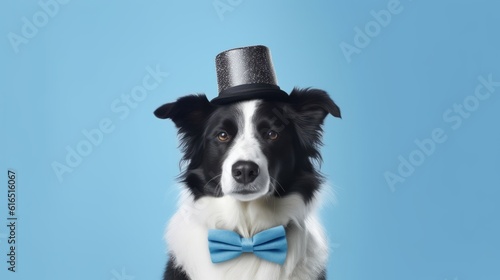 Generative AI. Concept of the holiday and happy birthday dog party. Charming smartest black and white border collie wears a bow tie and a black hat. A dog on a blue simple minimalistic background. photo