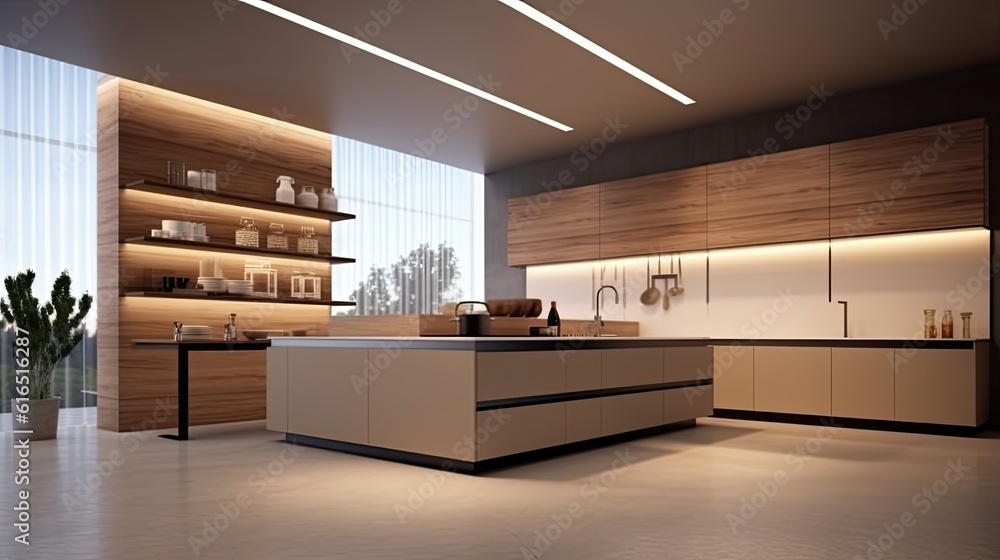Modern minimalist kitchen , close up shot, beige cabinets floor to ceiling, combined with walnut wood open cabinets with led lights, floating ceiling. Natural light. generative AI. Modern minimalist kitchen , close up shot, beige cabinets floor to ceiling, combined with walnut wood open cabinets with led lights, floating ceiling. Natural light. generative AI.