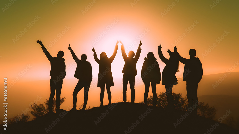 Friends share joyful moment and happiness at sunset. AI generated Friends share joyful moment and happiness at sunset. AI generated