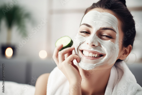 Happy and smiling young woman with facial mask on her face and slice of fresh cucumber in her hand