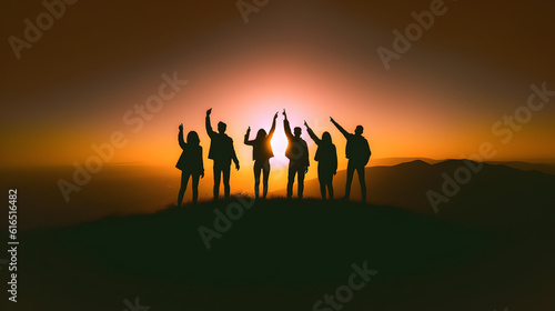 Friends share joyful moment and happiness at sunset. AI generated