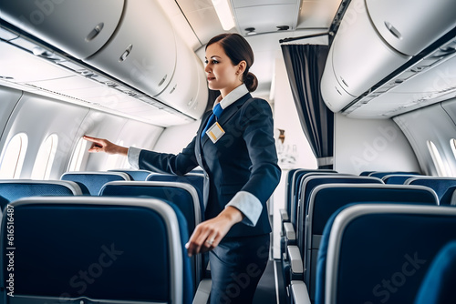 A flight attendant providing excellent customer service and ensuring passenger safety during flights. Generative AI
