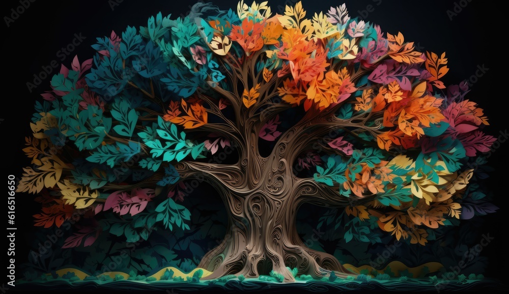 The tree of life in multicolored leaves, in the style of matte drawing, ominous vibe, paper sculptures, realistic color palette, dark colors, colorful woodcarvings, contrasting backgrounds generative 