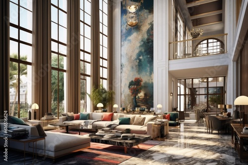 Stunning Lavish apartment interior design, marble floor, High ceilings, High glass windows. generative AI.