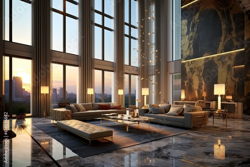 Stunning Lavish apartment interior design, marble floor, High ceilings, High glass windows. generative AI.