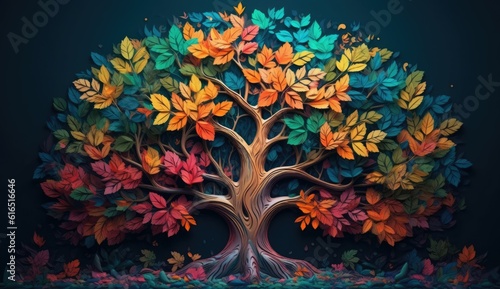 The tree of life in multicolored leaves, in the style of matte drawing, ominous vibe, paper sculptures, realistic color palette, dark colors, colorful woodcarvings, contrasting backgrounds generative 