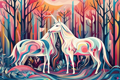 unicorn diamond painting art, patterns based on nature, joyful celebration of nature. Unicorn with colorful, abstract colors. generative AI. 