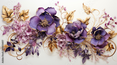 Watercolor Seamless Border with Green and Gold Leaves, Purple Flowers, and Branches,bouquet of flowers on a white background, bouquet of colorful roses, bouquet of flowers, Created using generative AI