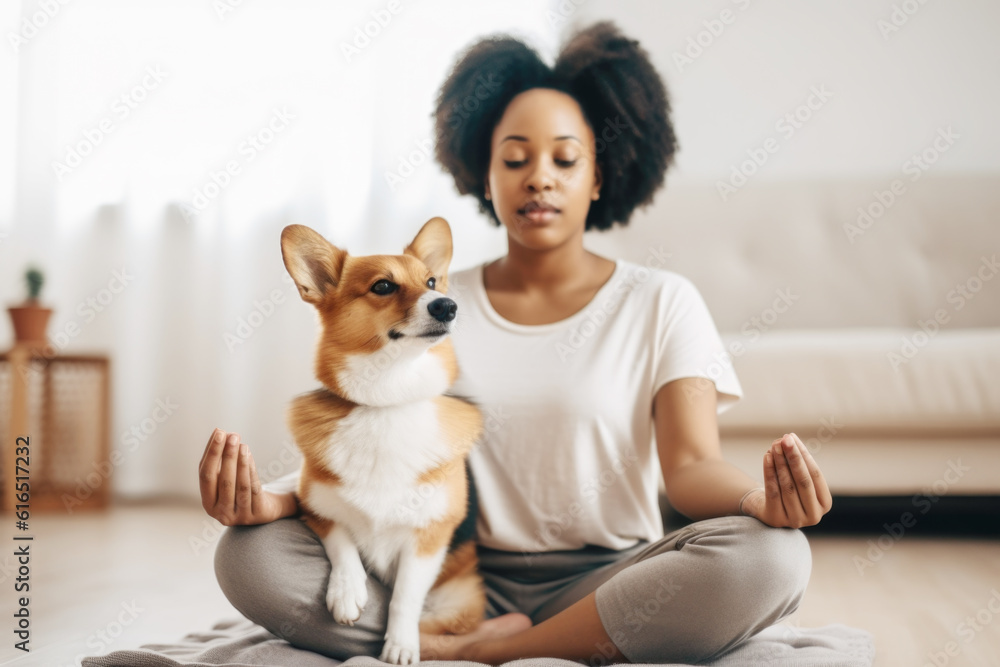 Young black woman practice yoga in her living room with her dog Young black woman practice yoga in her living room with her dog