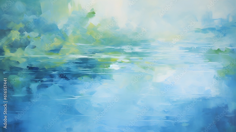 An abstract acrylic composition inspired by the interplay of light and water reflections in a tranquil pond, with serene blues and greens (Geneartive AI)