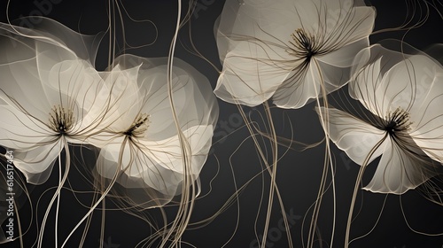 Artistic composition of semi-transparent  fictional flowers on a dark background  Generative AI 