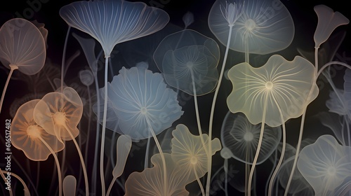 Artistic composition of semi-transparent, fictional flowers on a dark background (Generative AI)