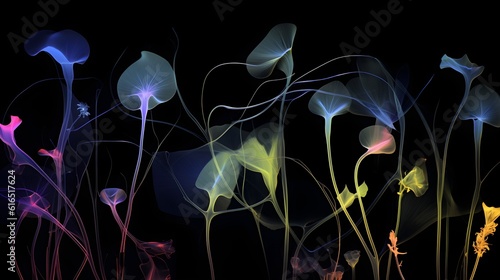 Artistic depicting of a semi-transparent, neon coloured imaginary flowers on a black background (Generative AI)