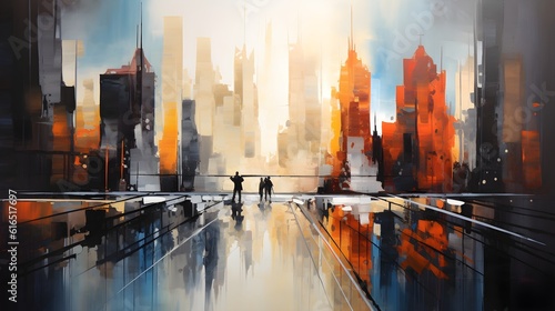 An abstract acrylic artwork depicting the mesmerizing interplay of light and shadow in a bustling cityscape (Generative AI)