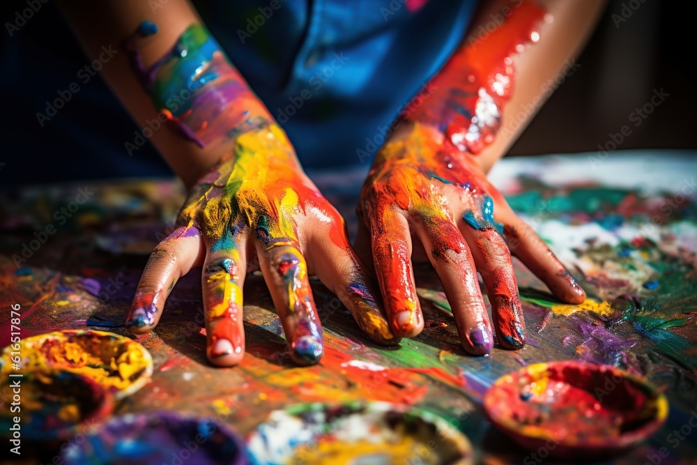 Fototapeta premium Close up of a kids hands coloring working on a DIY craft, Generative ai