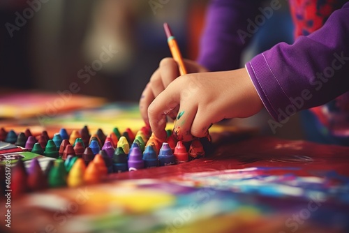 Close up of a kids hands coloring working on a DIY craft, Generative ai