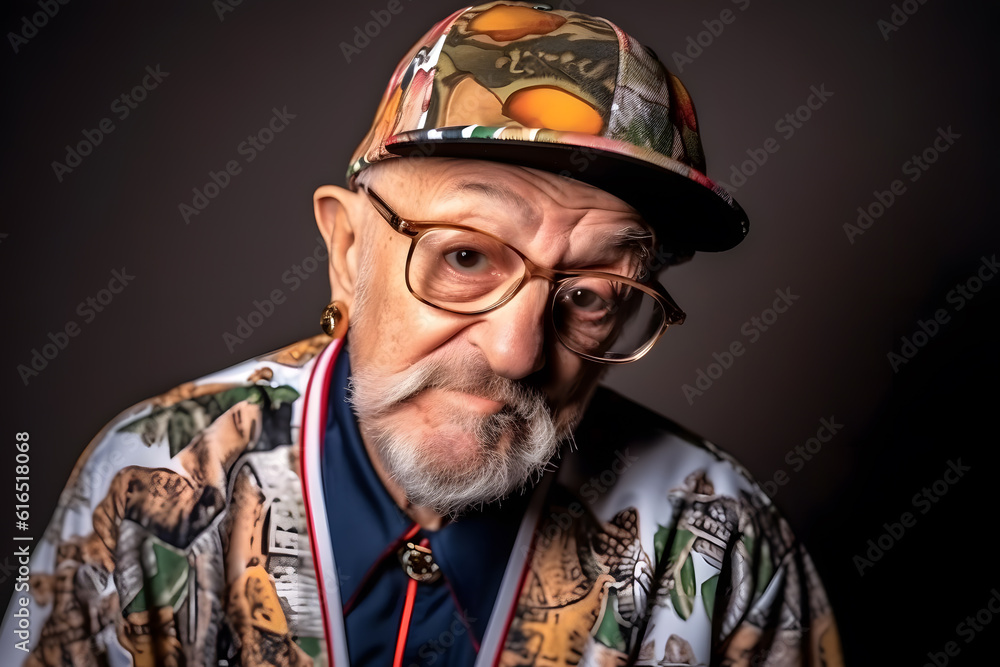 Funny old man with a hip-hop haircut and a hip-hop outfit. Generative AI Funny old man with a hip-hop haircut and a hip-hop outfit. Generative AI