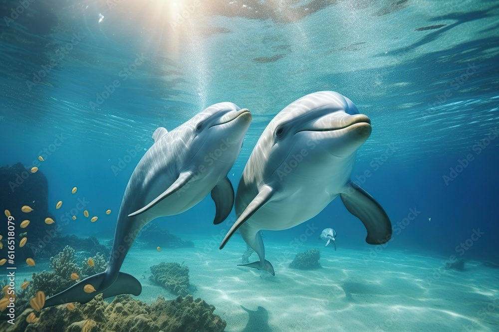 Fototapeta premium Couple dolphins swimming underwater shot, Generative ai