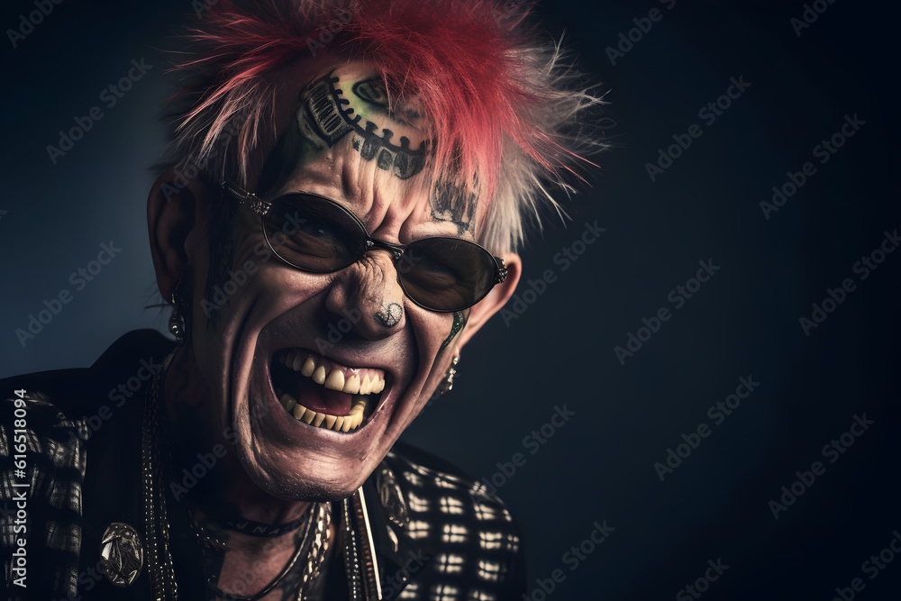 Funny old man with a punk haircut and a punk outfit. Generative AI