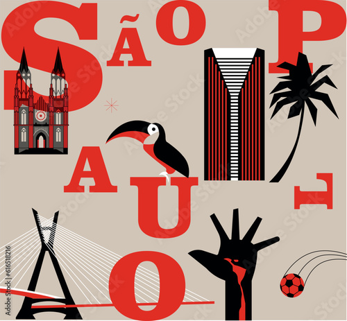Typography word "Sao Paulo" branding technology concept. Collection of flat vector web icons, culture travel set, famous architectures and specialties detailed silhouette. Brazilian famous landmark.