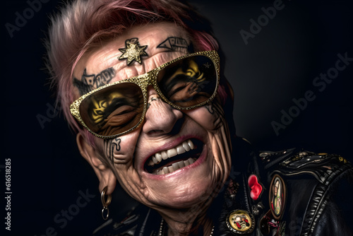 Funny old woman with a punk haircut and a punk outfit. Generative AI photo