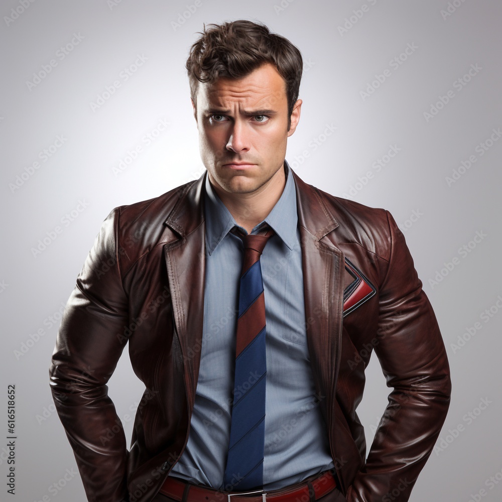 Businessman, super hero, sad and tired face. Isolated on white background. Generative AI Businessman, super hero, sad and tired face. Isolated on white background. Generative AI
