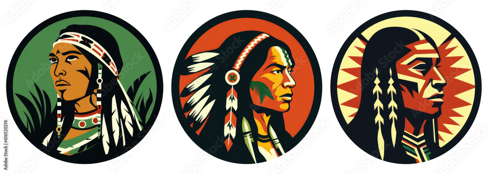 A banner with three Indian chiefs, Native Americans, illustration, isolated, generative ai A banner with three Indian chiefs, Native Americans, illustration, isolated, generative ai