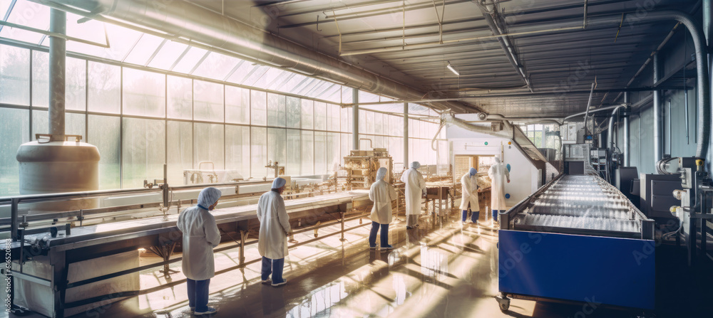 Workers walking at sun lit hall, conveyor belts and steel shelves with raw materials. Inside of large scale food processing factory as imagined by Generative AI