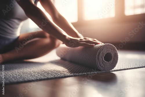 Young woman rolling yoga mat at home, close up 