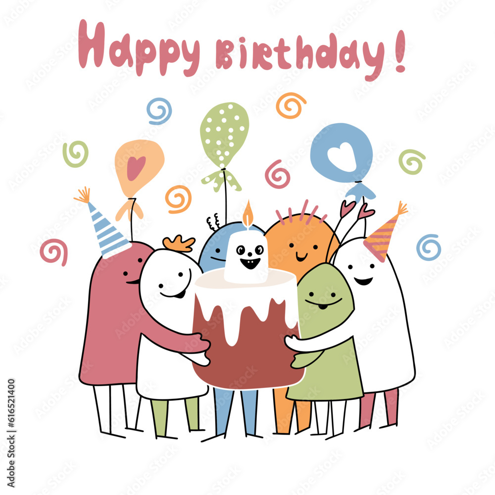 Obraz premium Happy Monsters who bring a cake with a funny monster candle on it. Cartoon illustration for birthday, greeting with lettering Happy birthday. Event celebration concept vector sublimation.